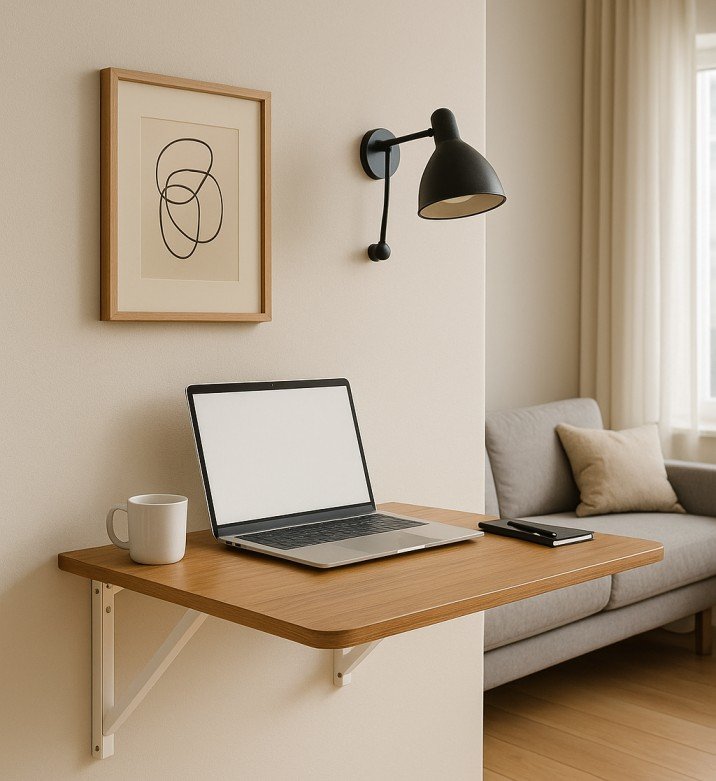 Space-saving foldable wall-mounted desk for home, office in small American apartments