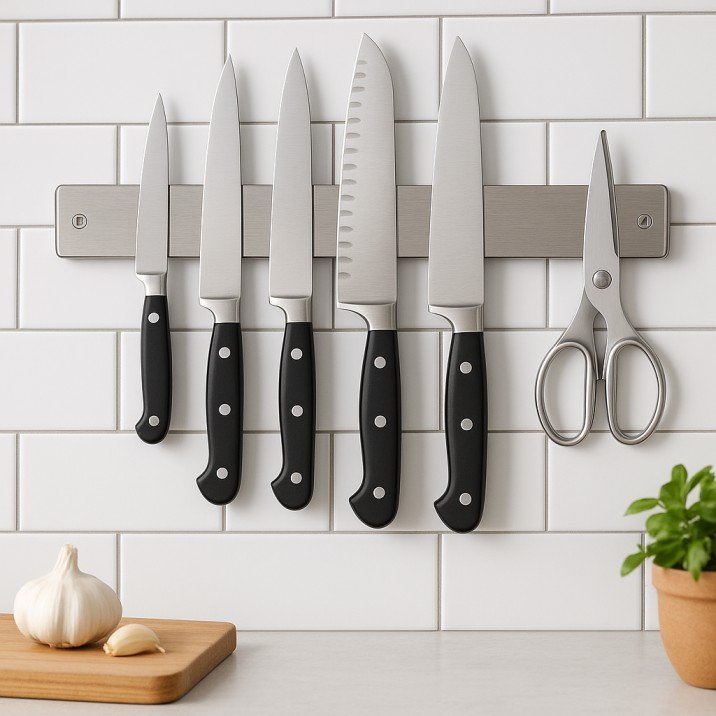 Magnetic wall-mounted knife strip for small USA kitchens