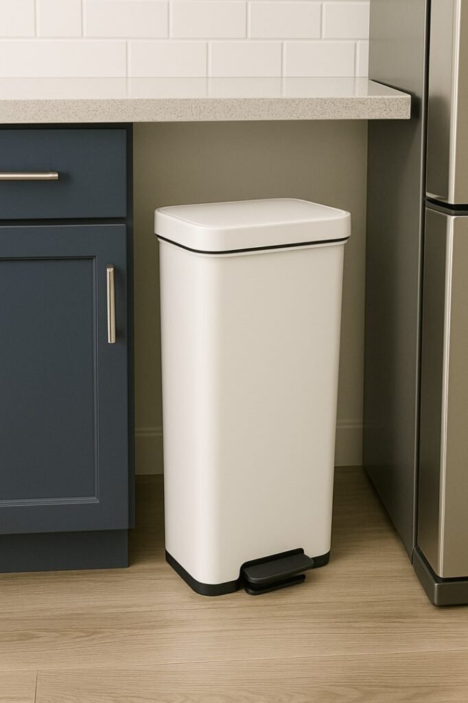 Space-saving slim trash can with lid for modern kitchens and bathrooms in the USA