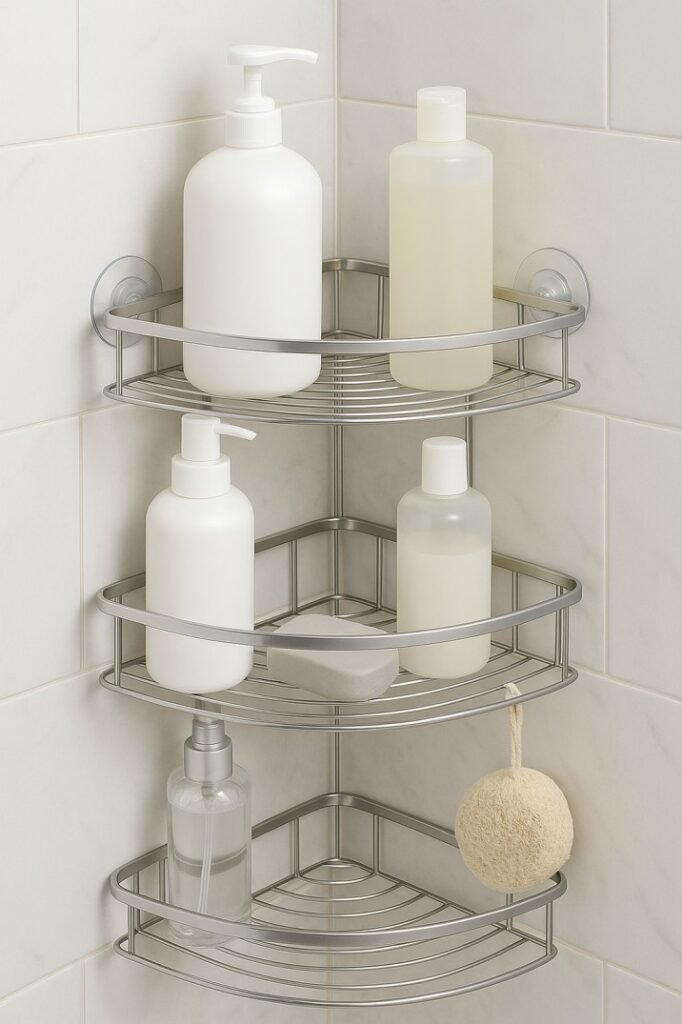 Rust-proof corner shower caddy for small bathrooms in USA homes