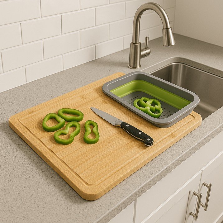 Multipurpose over-the-sink cutting board with collapsible strainer for small USA kitchens