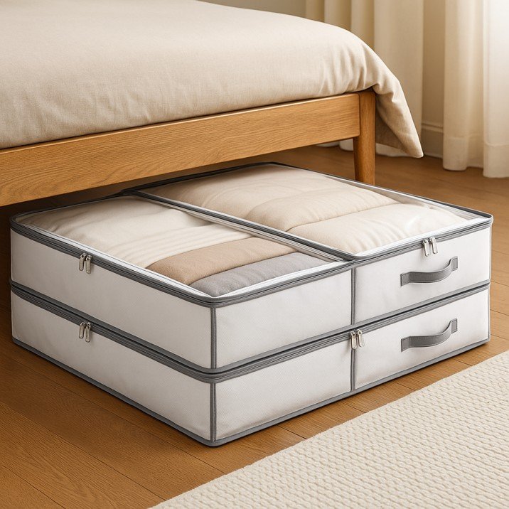 Under-bed storage containers with wheels for compact bedroom organization USA