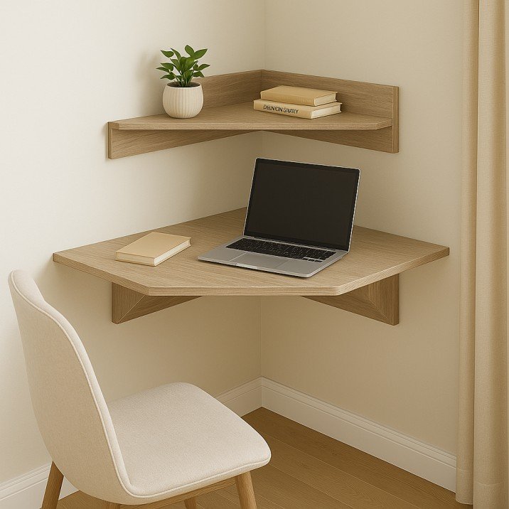 Wall-mounted corner desk with shelf for small rooms