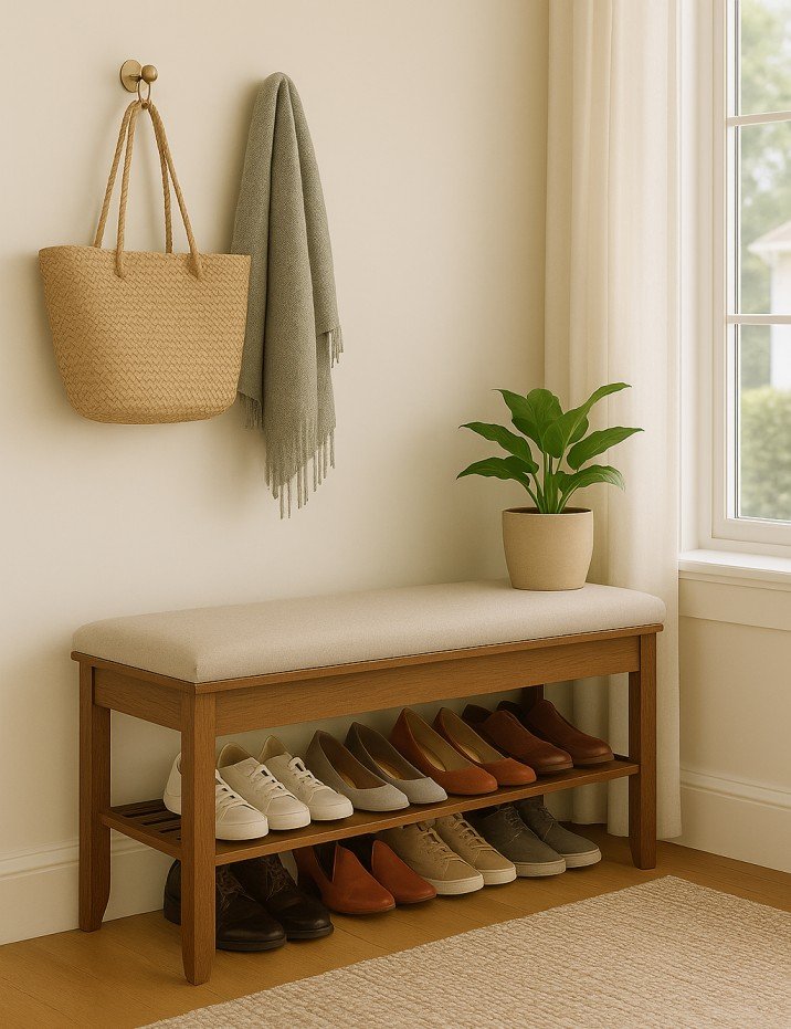 Entryway shoe storage bench with seating
