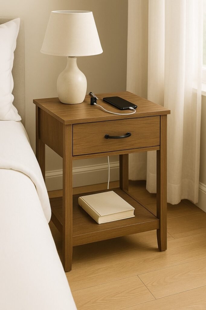 Bedside table with USB charging ports for small bedrooms