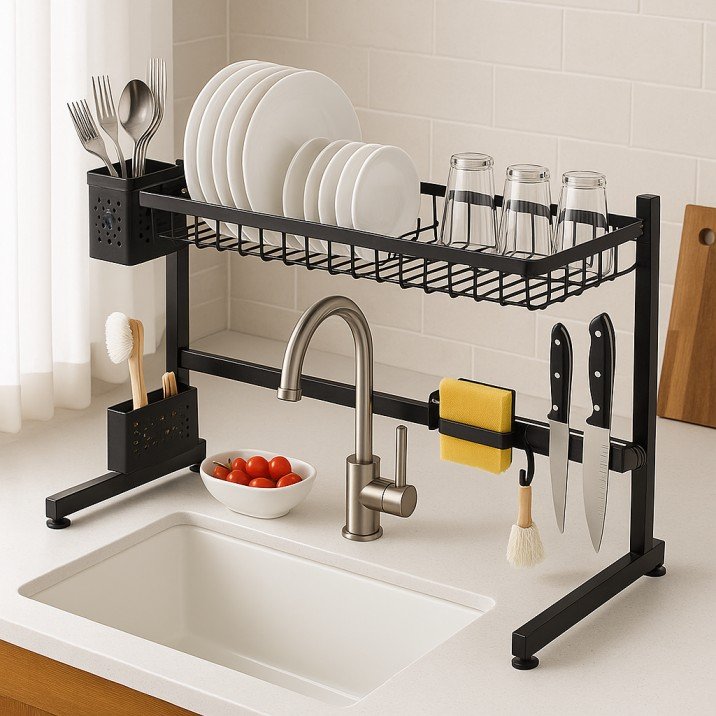 Roll-up sink drying rack in a compact kitchen setup