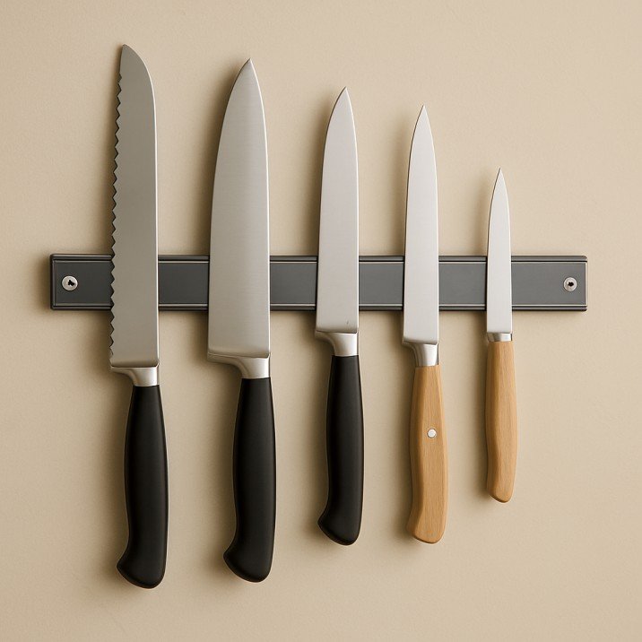 Magnetic knife strip mounted on a kitchen wall in a tiny home.