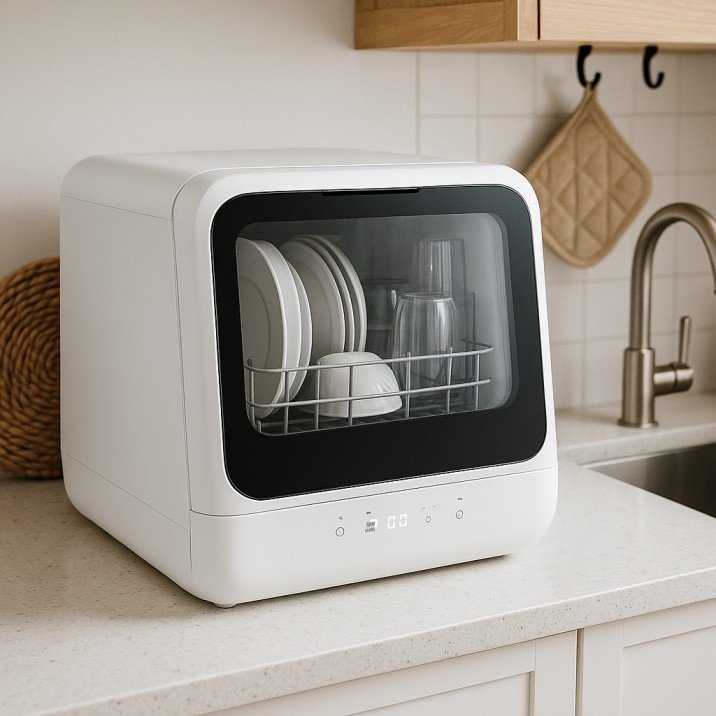 Compact plug-in countertop dishwasher ideal for small homes.
