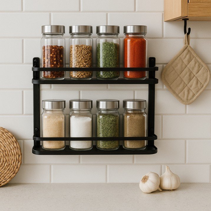Wall-mounted spice rack with neatly arranged spice jars in a small kitchen.