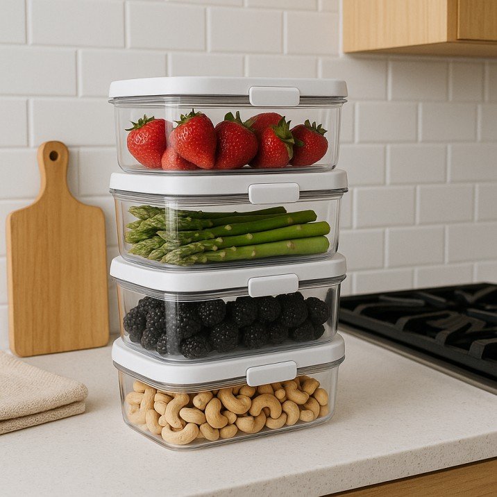 Stackable airtight food storage containers arranged in a compact kitchen.