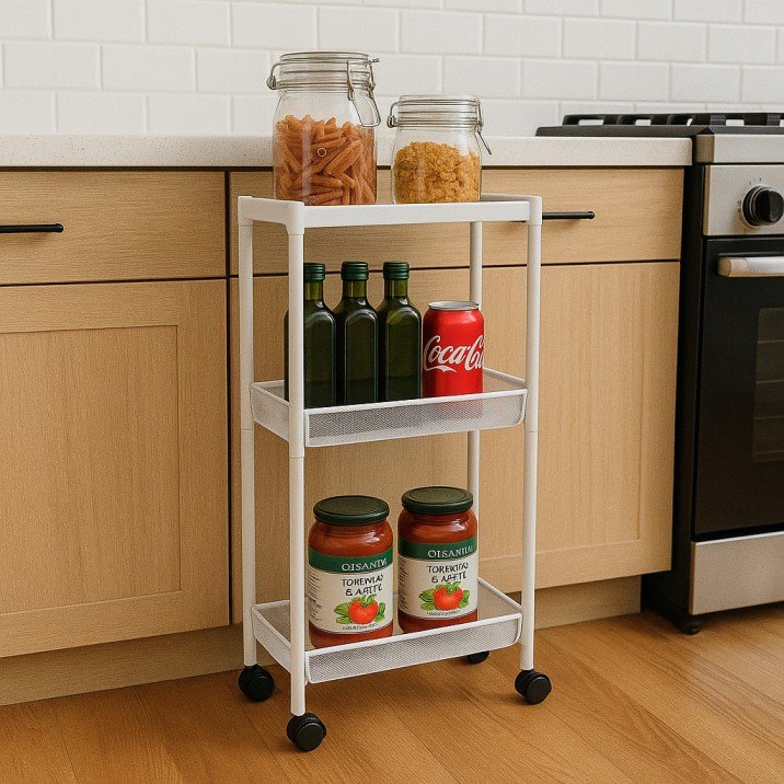 Slim rolling pantry cart tucked between kitchen appliances.