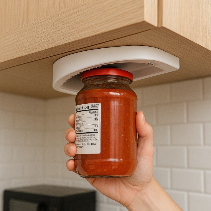 Under-cabinet jar opener used in a small kitchen setup.