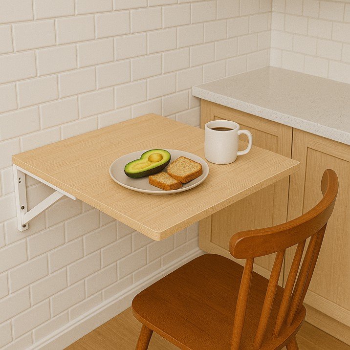 Fold-down wall-mounted table in a compact kitchen space.