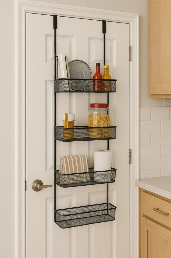 Over-the-door kitchen organizer holding snacks and supplies.