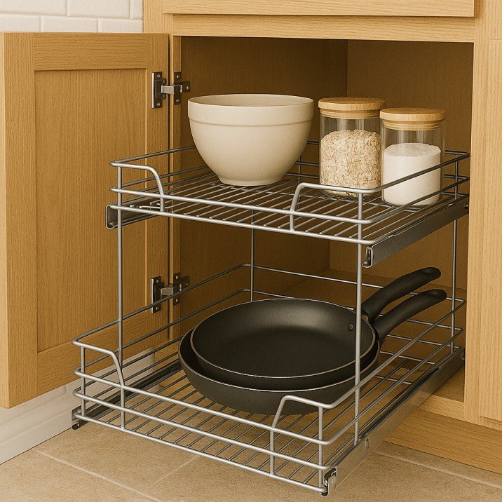 Pull-out cabinet organizer with kitchen items stored neatly.