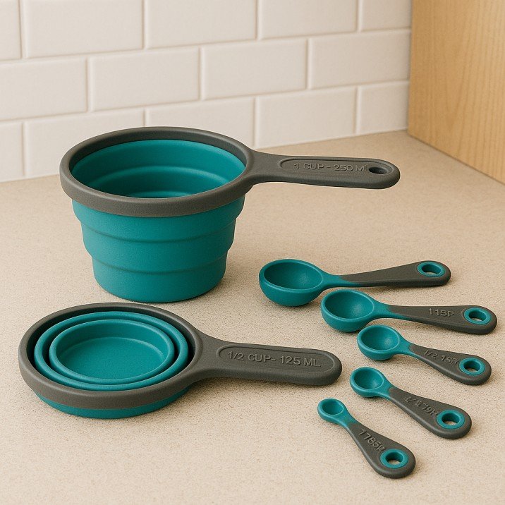 Collapsible measuring cups and spoons stacked on a kitchen counter.