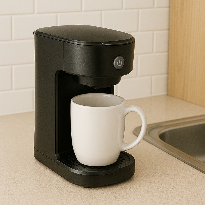 Compact single-serve coffee maker with mug on a small counter.