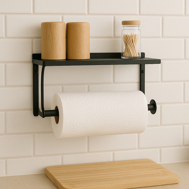 Wall-mounted paper towel holder with spice shelf in a compact kitchen.