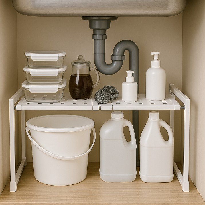 Expandable under-sink shelf organized with kitchen supplies.