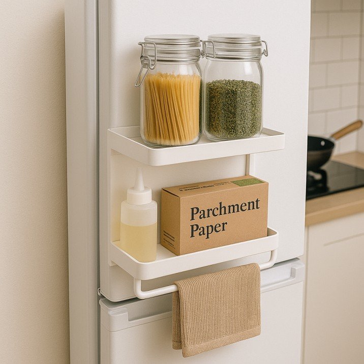Magnetic fridge shelf holding spices and kitchen essentials.