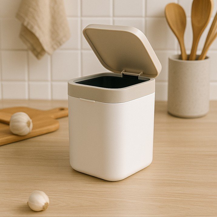 Mini lidded trash can on a kitchen counter for food scraps.