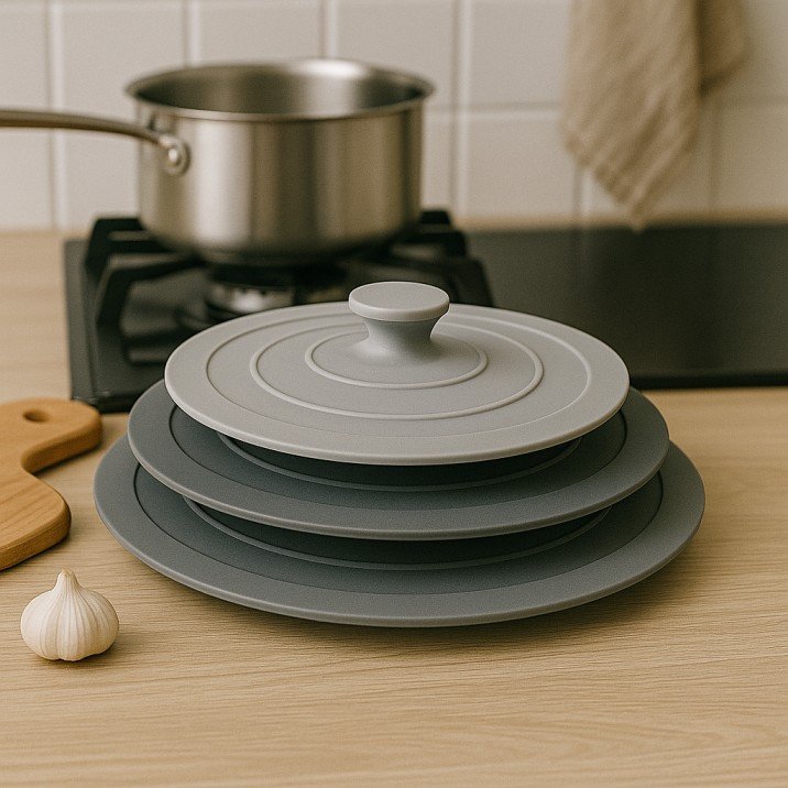 Stacked silicone pot lids on a compact kitchen counter.