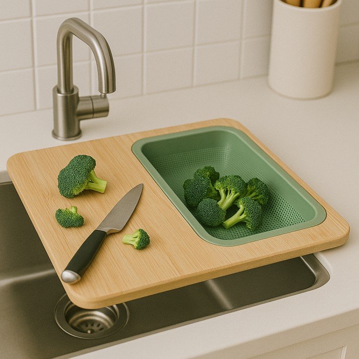 Over-the-sink cutting board with built-in colander for meal prep.