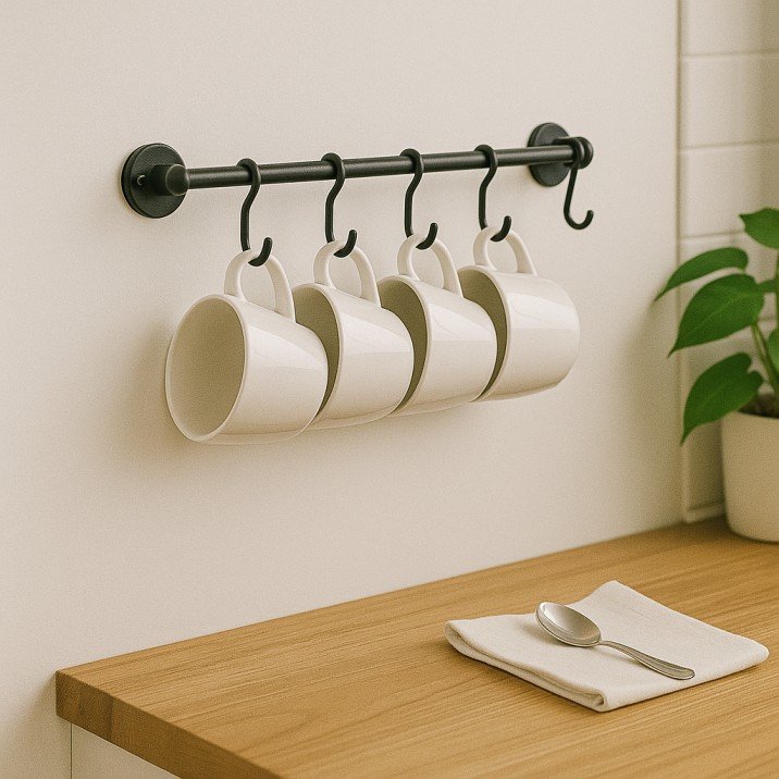 Wall-mounted mug rack with ceramic mugs in a small kitchen.