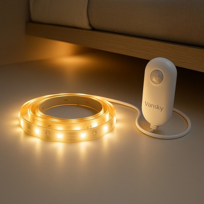 Motion-sensor LED light under bed for small USA bedrooms.