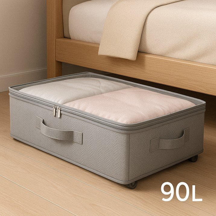 Under-bed storage containers ideal for organizing small USA bedrooms.