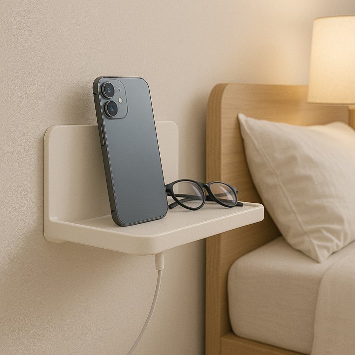 Wall-mounted bedside shelf for space-saving in tiny USA bedrooms.