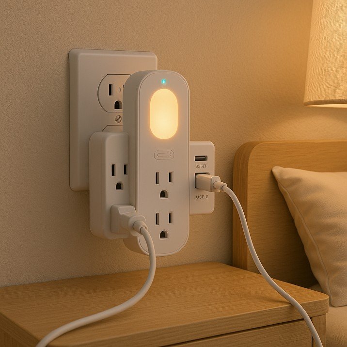 Compact power strip with USB and night light for small USA bedrooms.
