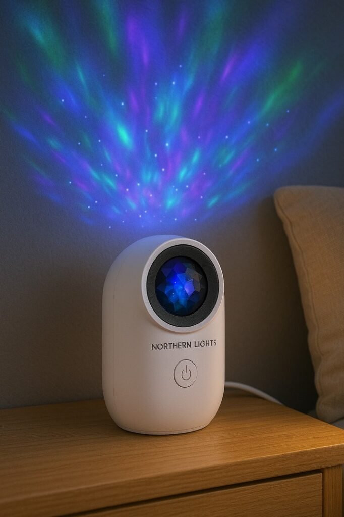 Compact galaxy projector casting aurora lights in small USA bedrooms.