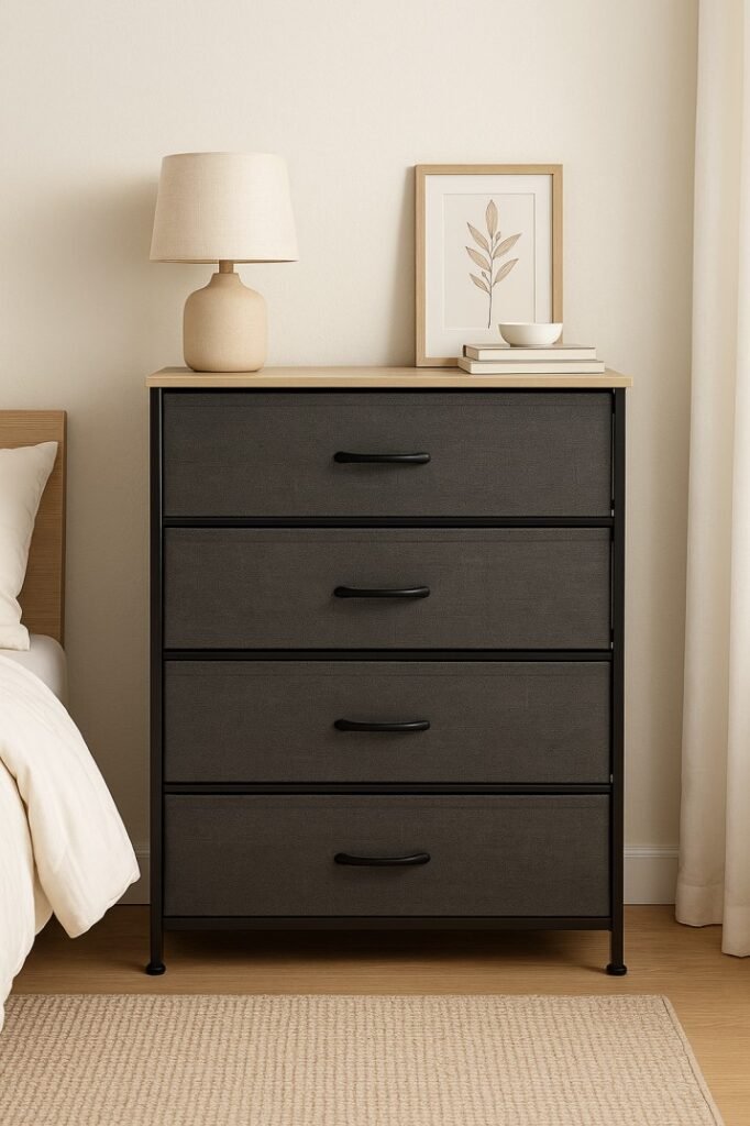 Slim fabric dresser with drawers for small USA bedroom storage.