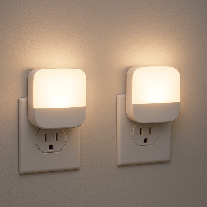Plug-in LED night lights for soft lighting in small USA bedrooms.