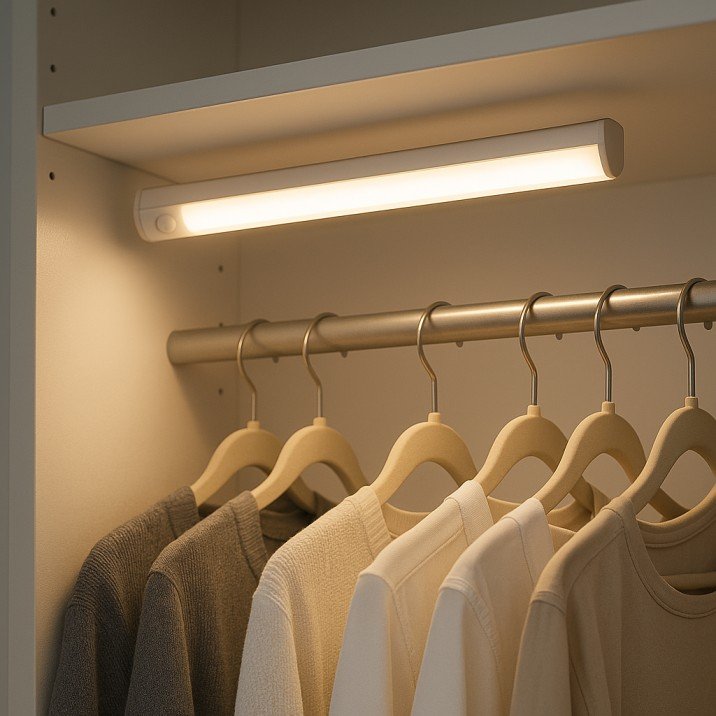 Motion-sensor LED strip light for closets or shelves in small USA bedrooms.