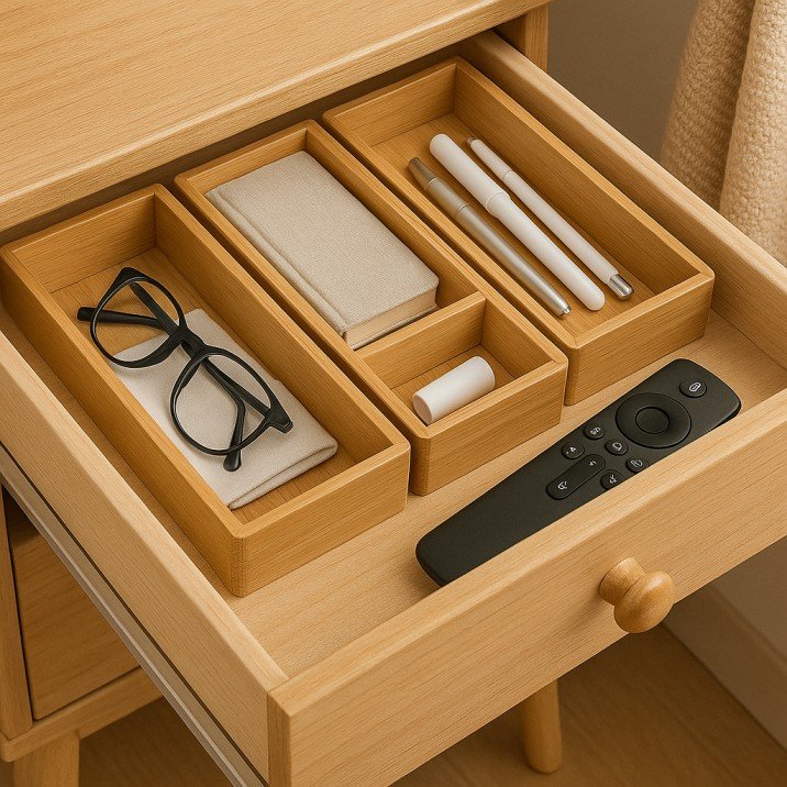 Bamboo drawer organizers for neat storage in compact USA bedrooms.