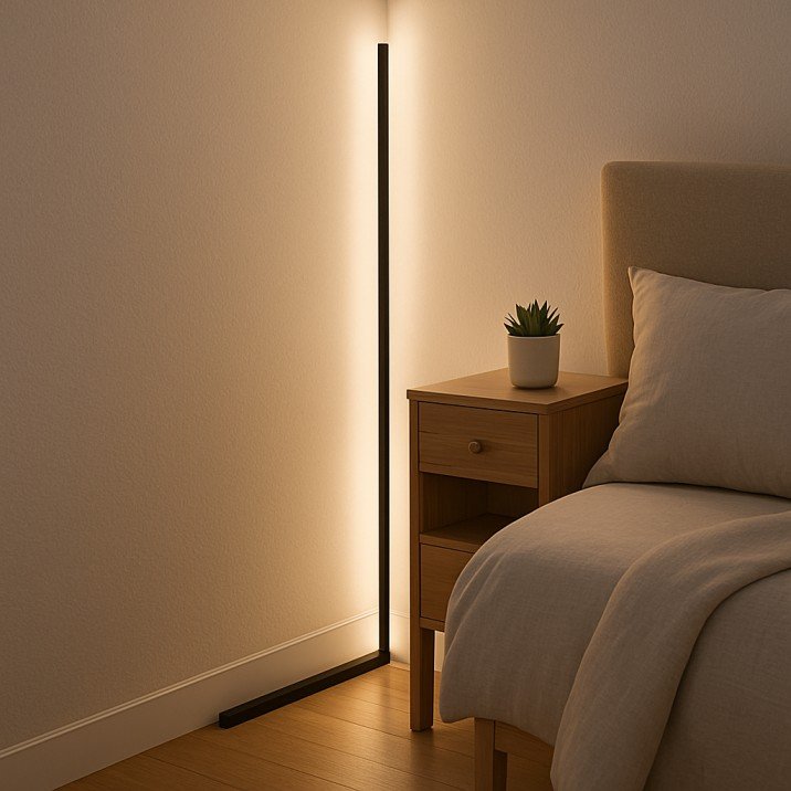 Space-saving corner LED floor lamp for small USA bedrooms.