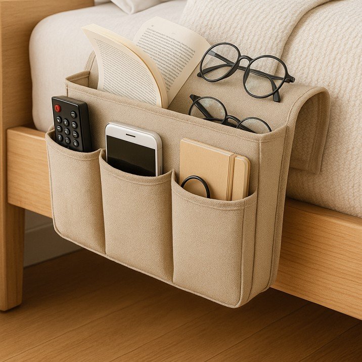 Hanging bedside caddy for organizing essentials in tiny USA bedrooms