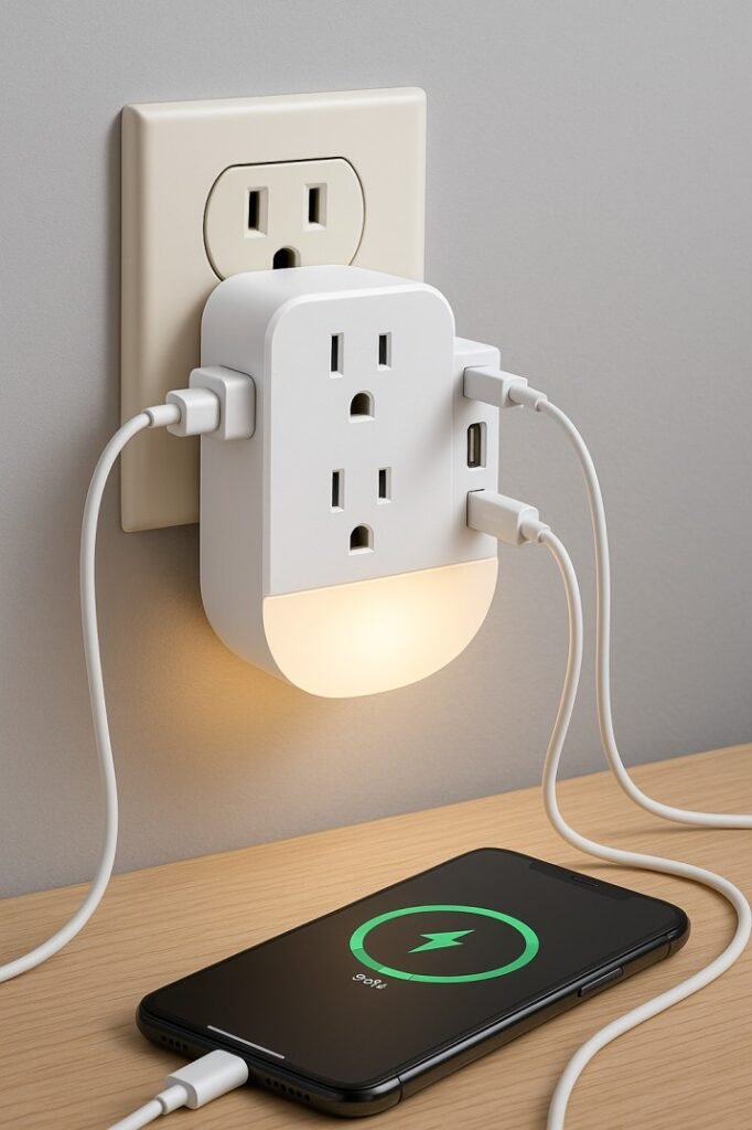 Wall plug extender with night light for small USA bedrooms.
