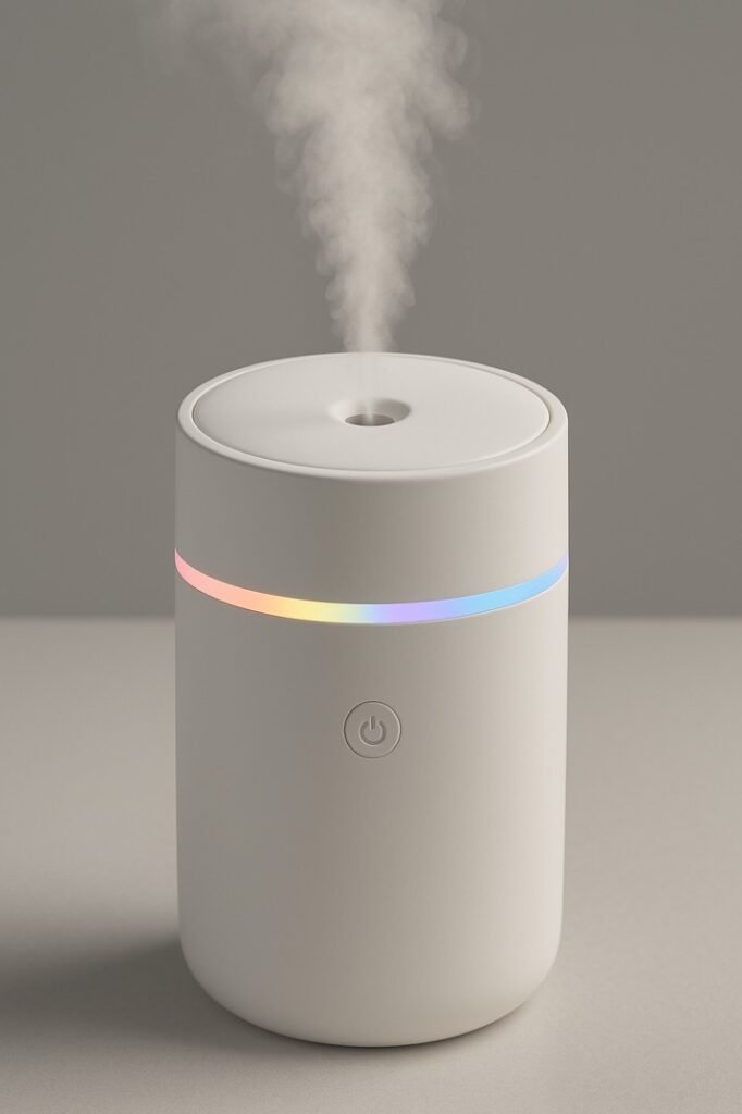 Mini humidifier with LED light for cozy small USA bedrooms.