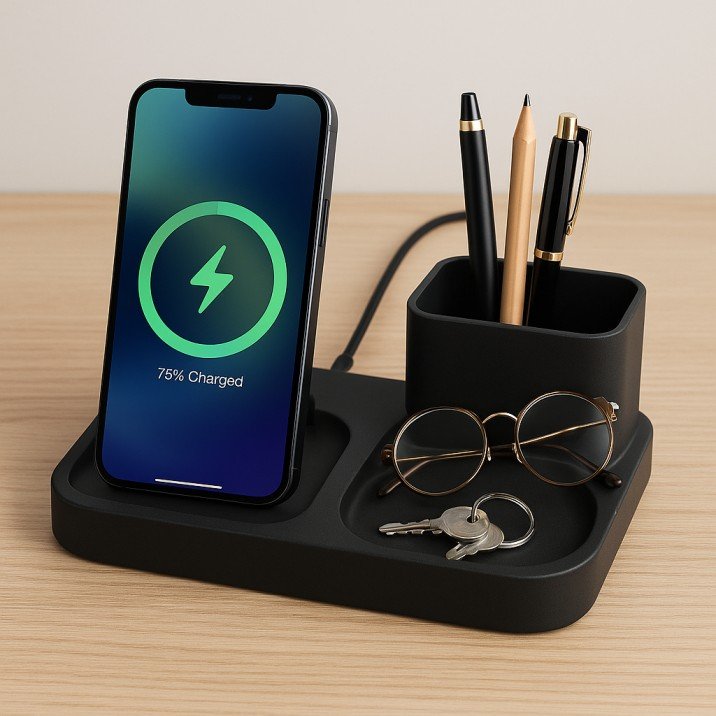 Wireless charging organizer for tidy, tech-friendly small USA bedrooms.