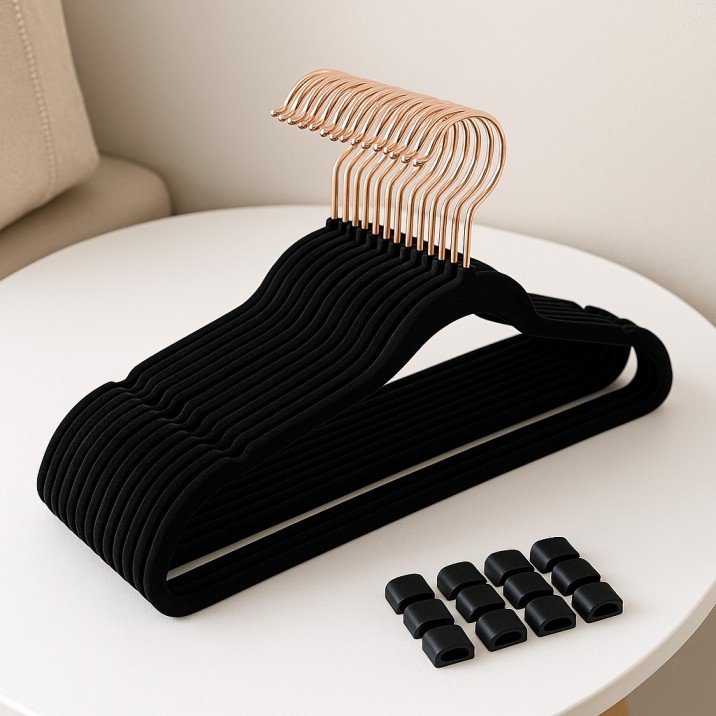 Slim velvet hangers for maximizing closet space in small USA bedrooms.