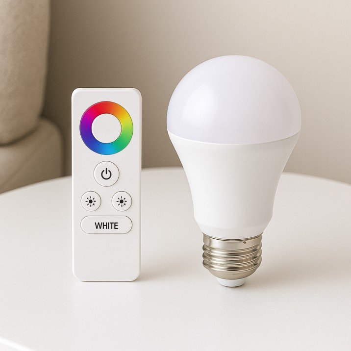 Remote-controlled smart bulb for adjustable lighting in small USA bedrooms.