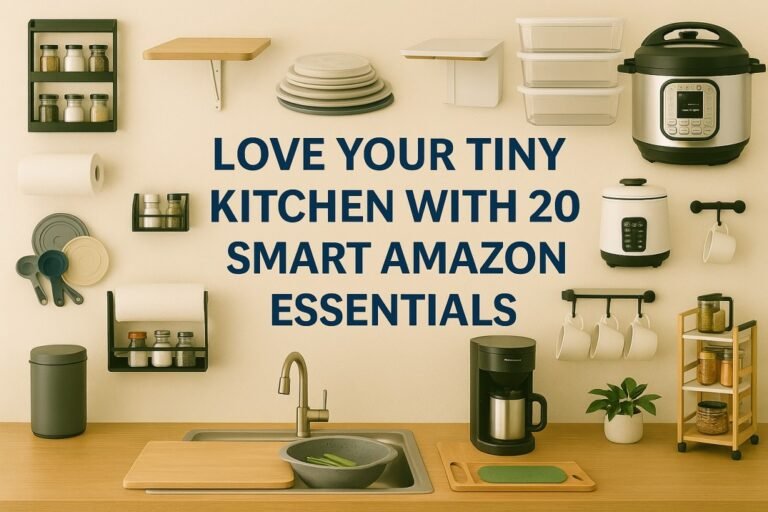 Tiny kitchen with smart Amazon essentials and centered headline text.