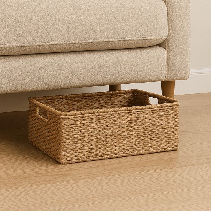 Space-saving under-sofa storage bins for USA living rooms