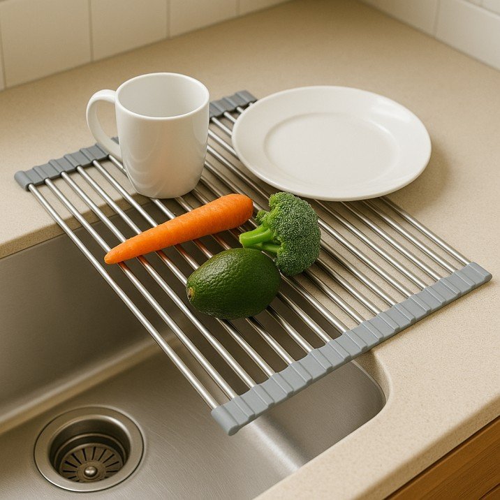 Over-the-sink roll-up drying rack to save counter space – USA kitchen essential.