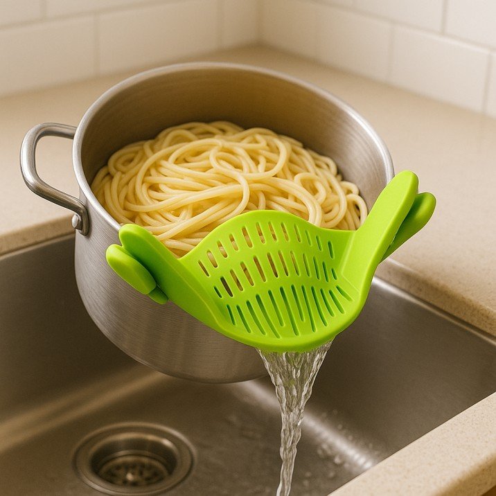 Compact clip-on strainer for pots and pans – space-saving kitchen tool USA.