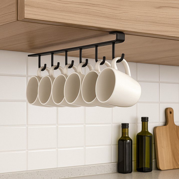 Under-cabinet hanging mug rack for space-saving kitchen organization – USA homes.