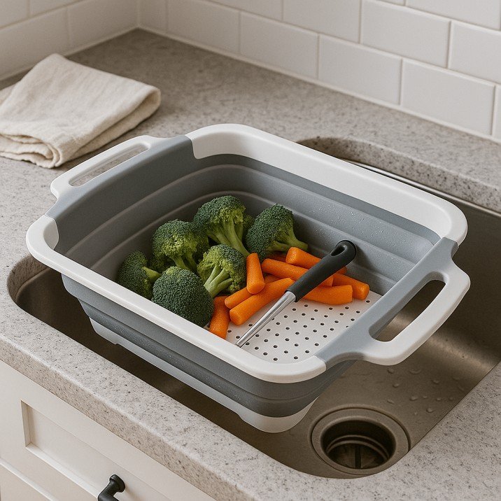 Foldable over-the-sink colander for space-saving kitchen use – ideal for USA apartments.